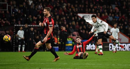 Liverpool’s Philippe Coutinho fires in a shot against Bournemouth.