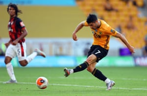 Pedro Neto shoots against Bournemouth last season. He has shown himself to be fast, tricky and goal-hungry.