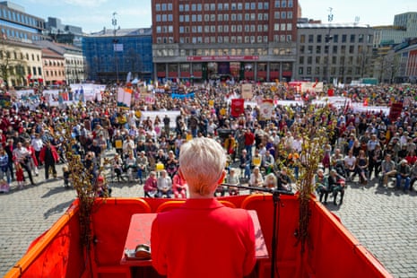Peggy Hessen Folsvik, leader of the Norwegian Confederation of Trade Unions (LO), gives a speech during an event on May Day, or Labour Day, in Oslo today
