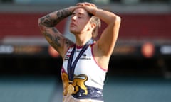 Jessica Wuetschner takes a moment to reflect after Brisbane’s victory over Adelaide in the 2021 AFLW Grand Final.