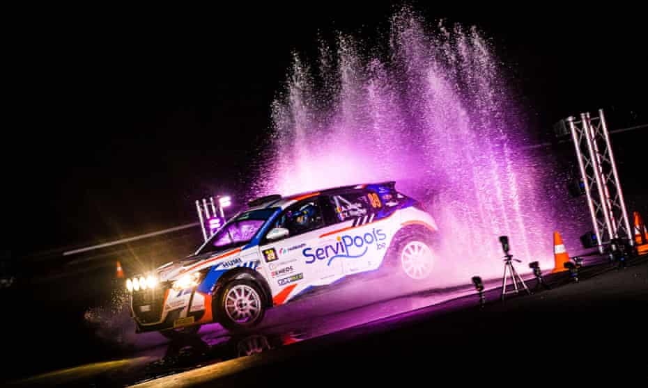 Drivers are lit up at the trophy presentation after the European Rally Championship’s recent stage in Hungary.