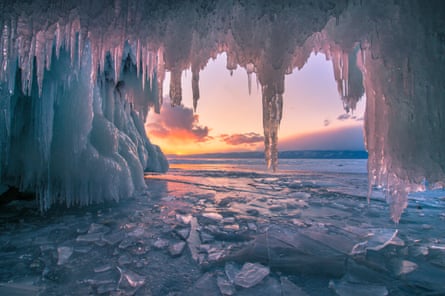 The frozen Lake Baikal in Siberia.