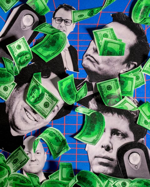 Collage of tech leaders surrounded by green dollar bills and surveillance cameras against a blue grid