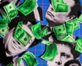 Collage of tech leaders surrounded by green dollar bills and surveillance cameras against a blue grid