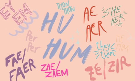 Illustration of different words that have been suggested as pronouns, against pink background