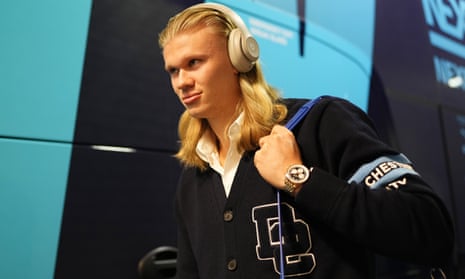 Erling Haaland of Manchester City arrives at the stadium prior to the Champions League match against RB Leipzig.