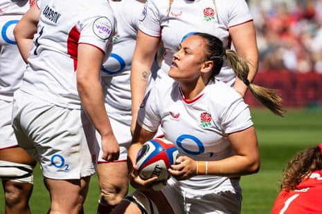 Maddie Feaunati reacts after scoring England’s first try.