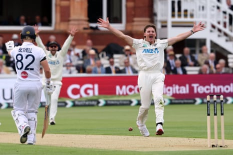 New Zealand's Nathan Smith appeals successfully for the LBW wicket of England's Ben Duckett.