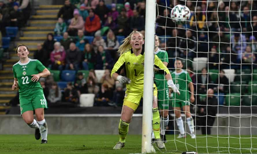 Northern Ireland’s goalkeeper Jacqueline Burns watches as England score their first goal in Belfast