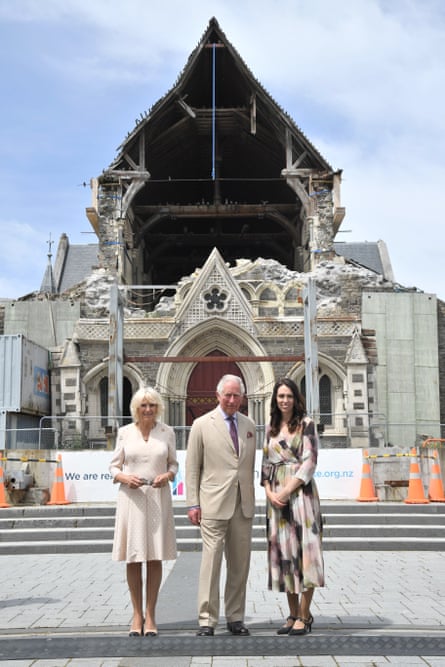 Prince Charles and Camilla Duchess of Cornwall visite Christchurch cathedral with the prime minister, Jacinda Ardern, on 22 November 2019