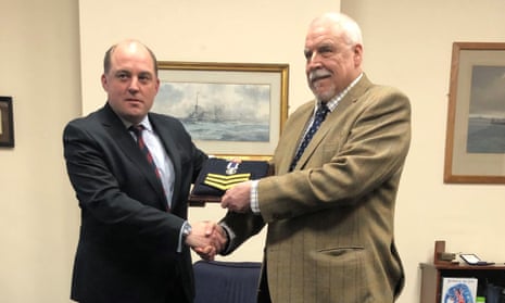 Falklands veteran Joe Ousalice being given his medal for long service and good conduct by the defence secretary, Ben Wallace, on 22 January 2020.