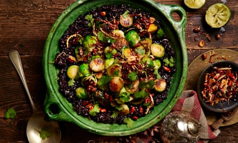 Black miso sticky rice with peanuts and brussels sprouts.