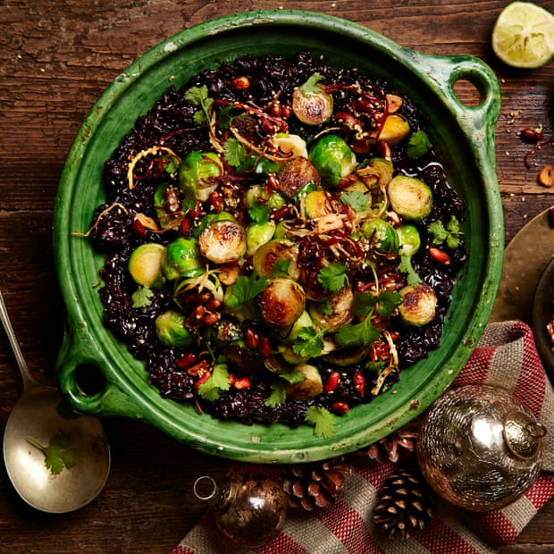 Black miso sticky rice with brussels sprouts in sauce