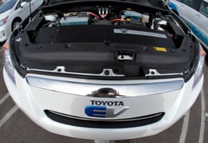 A Toyota RAV4 EV car with a Tesla battery is seen at the AltCar Expo in Santa Monica.