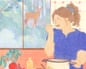 A woman tastes soup with a spoon beside a window where a deer stands outside