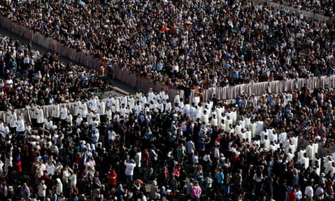 Crowds in St Peter’s Square as the pope’s coffin was taken into the basilica.