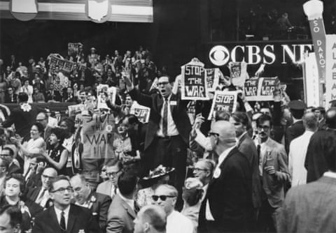 New York delegates hold ‘stop the war’ banners on the third day of the 1968 Democratic national convention.