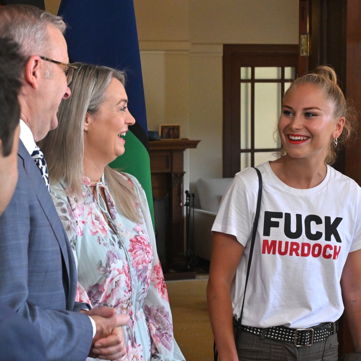 Grace Tame wears anti-Murdoch shirt to PM's morning tea in snipe at 'morbidly wealthy oligarchs' | Grace Tame | The Guardian