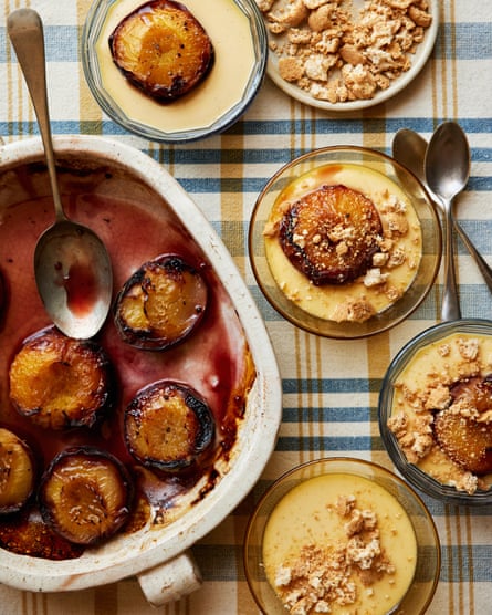 Thomasina Miers’ baked peaches, amaretti and cold custard.