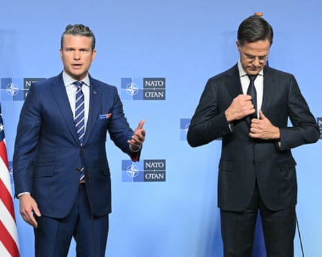 US defense secretary Pete Hegseth and Nato secretary general Mark Rutte speak to the press at Nato HQ in Brussels.