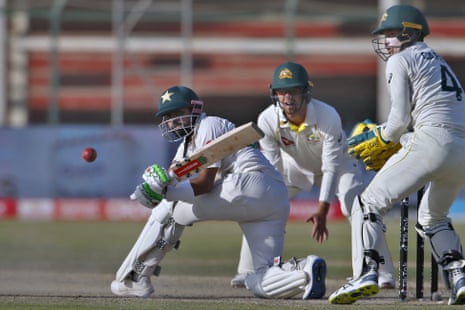 Pakistan's Babar Azam plays a shot during the fourth day – he will resume having scored 102 from 197 balls.