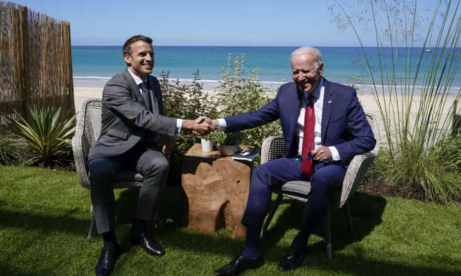 Joe Biden with Emmanuel Macron at the G7 meeting in Carbis Bay, England, 12 June.
