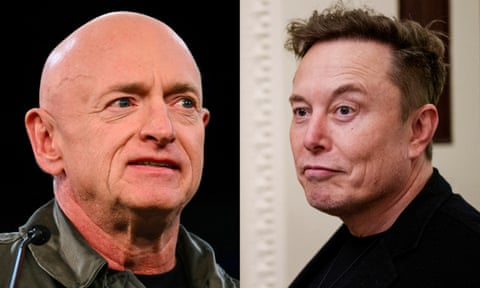 A composite image showing Mark Kelly and Elon Musk