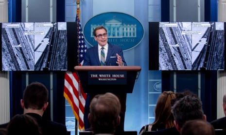John Kirby speaks at the White House briefing room on 20 January. The US also released images of Russia taking delivery of an arms shipment from North Korea that it said was intended to help bolster Wagner forces.