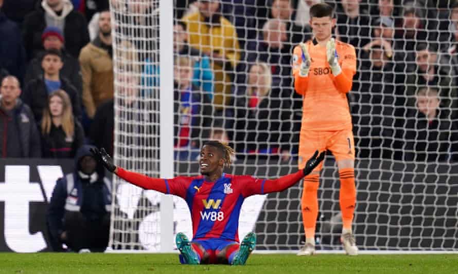 But will not score: Wilfried Zaha appeals after a challenge.