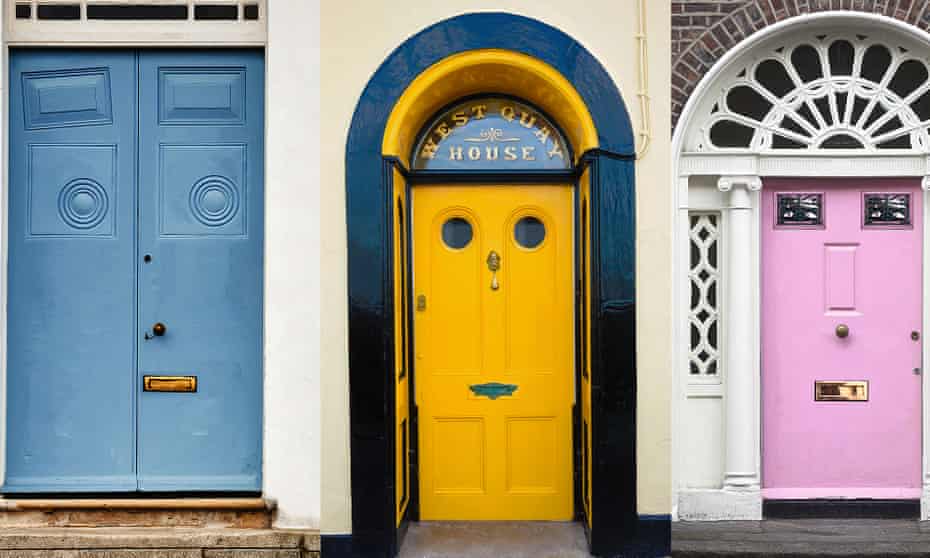 A montage of front doors, all made to look like faces