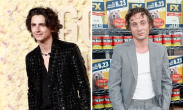Composite of two photos showing Timothée Chalamet and Jeremy Allen White.