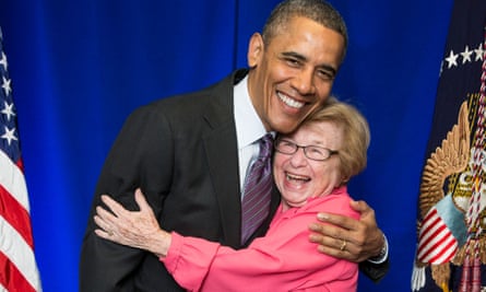 President Barack Obama greets Dr. Ruth Westheimer on a stage