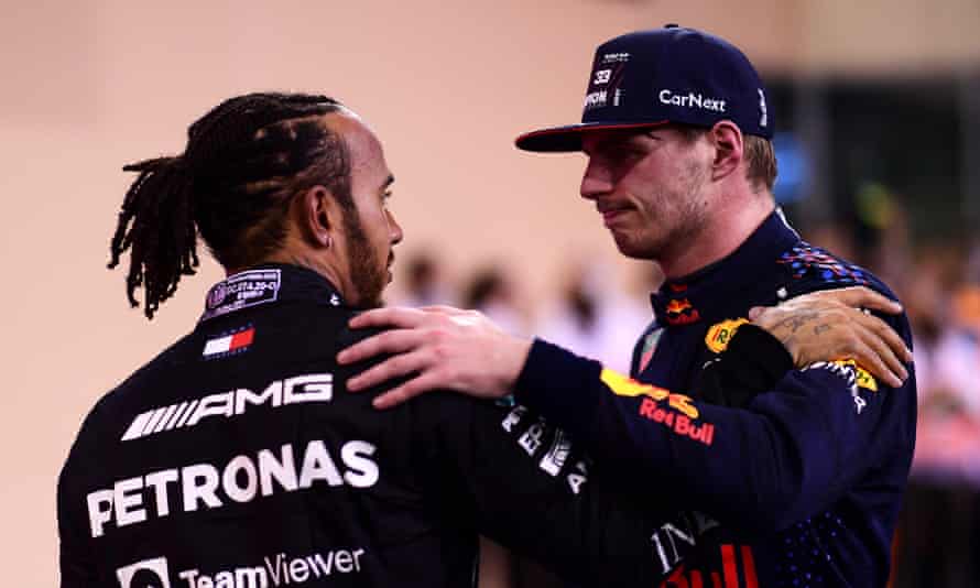 Max Verstappen is congratulated by Lewis Hamilton after the race’s dramatic finale.