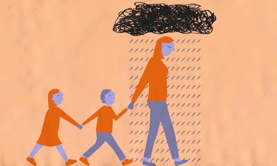 Annalisa illustration, parent under a cloud and two kids