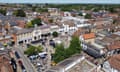 Hitchin Hertfordshire, market town England UK drone aerial view<br>2JJGRJ5 Hitchin Hertfordshire, market town England UK drone aerial view