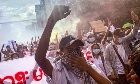 Protesters take part in a demonstration against the military coup in Yangon, Myanmar on 3 July 2021.