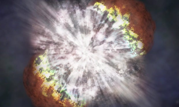 A distant star in spiral galaxy named NGC7610 detonated in 2013 with a massive supernova. This artist’s impression shows another supernova known as SN 2006gy.