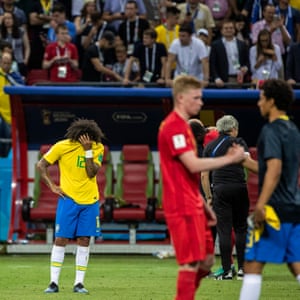 Brazil’s Marcelo reacts to his team’s defeat in the quarter-final against Belgium at the Kazan Arena.