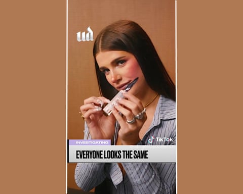 Ari Kytsya in Urban Decay  TikTok advert with a strap  saying 'everyone looks the same'.