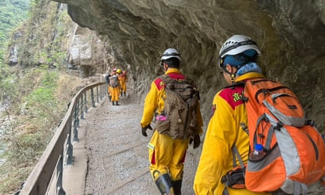 Rescuers searching at the Taroko national park after an earthquake in Hualien