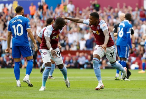 Aston Villa's Leon Bailey celebrates scoring their third goal with Moussa Diaby.