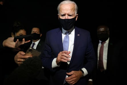 Joe Biden speaks to reporters before departing on his campaign plane in Scranton, Pennsylvania.