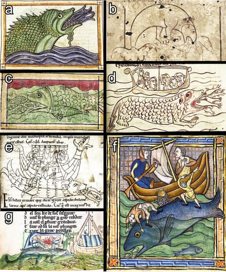 Seven illustratated depictions of sea creatures in medieval manuscripts