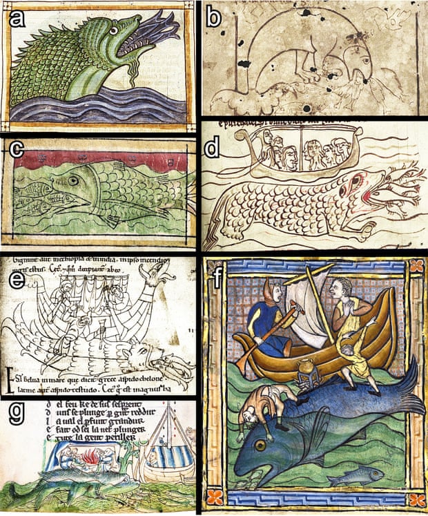 Representaciones de criaturas marinas en manuscritos medievales: circa (a) 1250; (b) 1200; (c) 1225-1275; (d) 1200; (f) 1240; f) 1270; g) siglo XIII. Fotografía: Dominio público Representaciones de criaturas marinas en manuscritos medievales: circa (a) 1250; (b) 1200; (c) 1225-1275; (d) 1200; (f) 1240; f) 1270; g) siglo XIII. Fotografía: Dominio público
