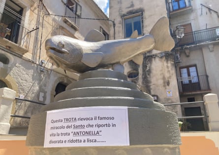 The trout statue in a square in Paola, Calabria, Italy.