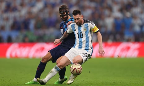 Lionel Messi of Argentina in action with Josko Gvardiol of Croatia last night.