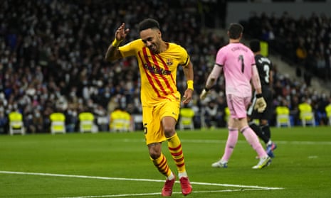 Pierre-Emerick Aubameyang dances with delight after scoring Barcelona's fourth goal against Real Madrid.
