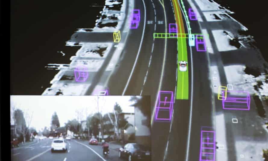 Video captured by a Google self-driving car coupled with the same street scene as the data is visualized by the car.