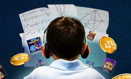 Illustration of a boy surrounded by schoolwork and online gambling symbols