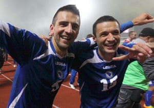 Goalscorer Vedad Ibisevic (left) and Sejad Salihovic celebrate after the final whistle.